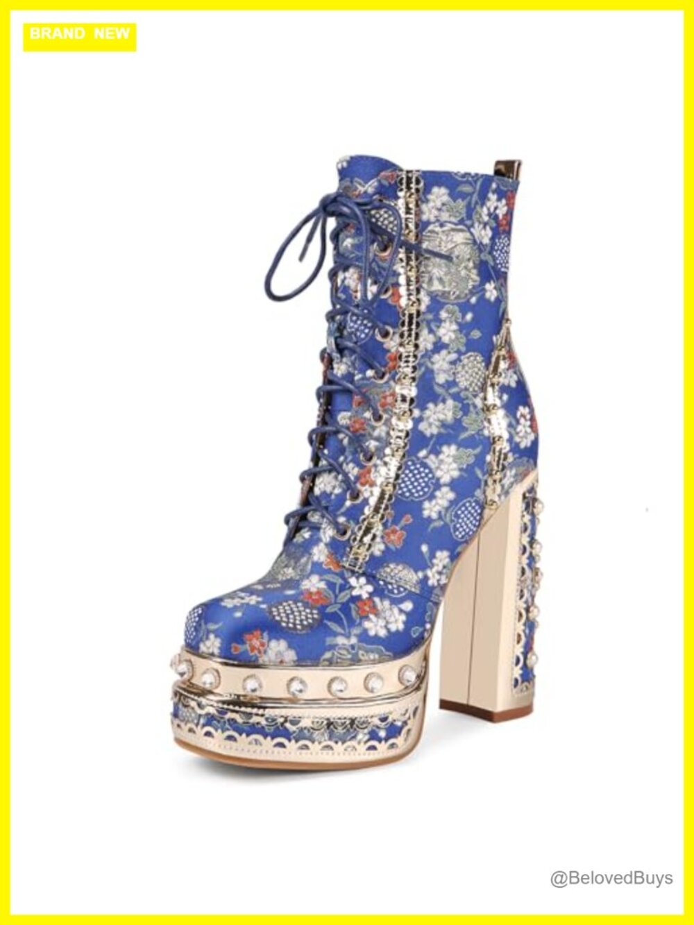 Women's Floral Embroidered Platform Lace Up Ankle Boots Block Heel